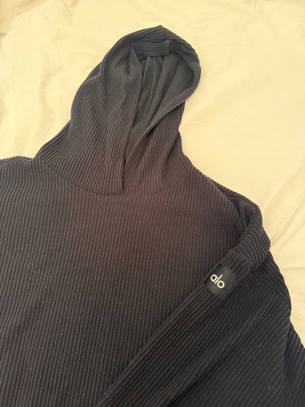 ALO Yoga Black Ribbed hoodie Top with Logo Patch